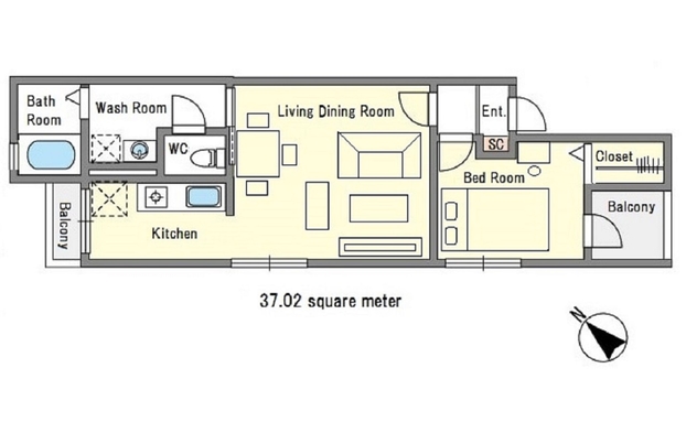 1LDKタイプ　リビングと寝室は別室　広々37㎡　カップル、グループ、ファミリーの方へおすすめ